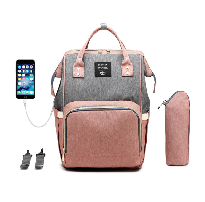 High Quality Mummy Maternity Travel Backpack in denim fabric, featuring multiple pockets and USB charging interface, ideal for parents on the go.