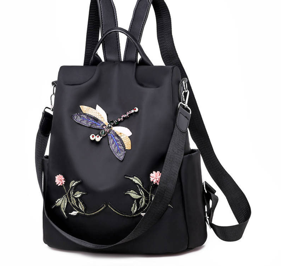 High Quality Oxford Cloth Embroidered Backpack featuring a stylish denim design with multiple pockets and three shoulder straps.