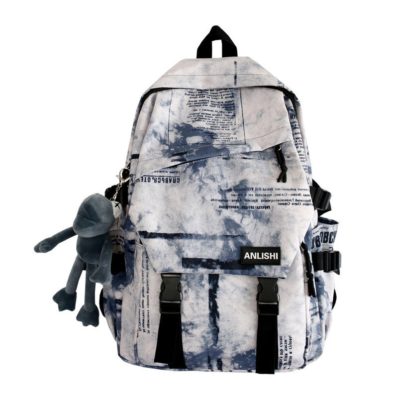 High Quality Street Fashion Backpack in stylish design with letter pattern, featuring multiple pockets and comfortable straps.