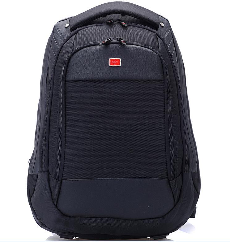 High Quality Unisex 15.6 Inch Laptop Backpack in black nylon with double straps and soft handle.