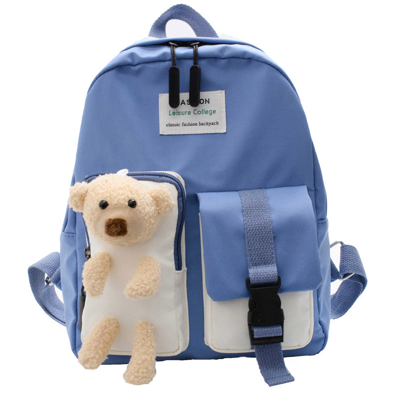 Korean Style Cartoon Cute Bear Backpack featuring a playful bear design, made of durable cotton, with double shoulder straps and spacious interior.