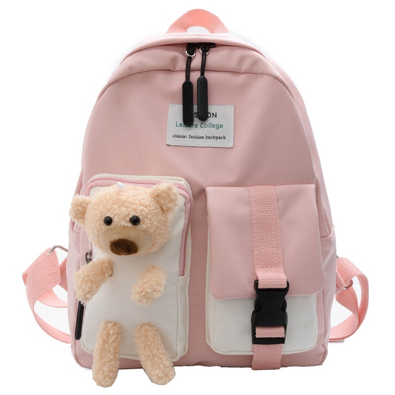 Korean Style Cartoon Cute Bear Backpack featuring a playful bear design, made of durable cotton, with double shoulder straps and spacious interior.