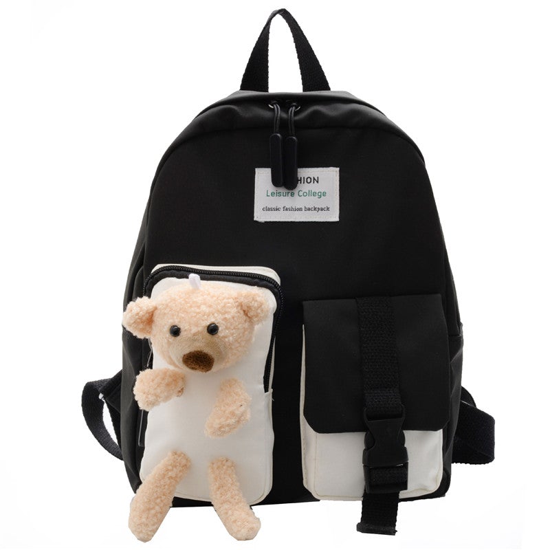 Korean Style Cartoon Cute Bear Backpack featuring a playful bear design, made of durable cotton, with double shoulder straps and spacious interior.