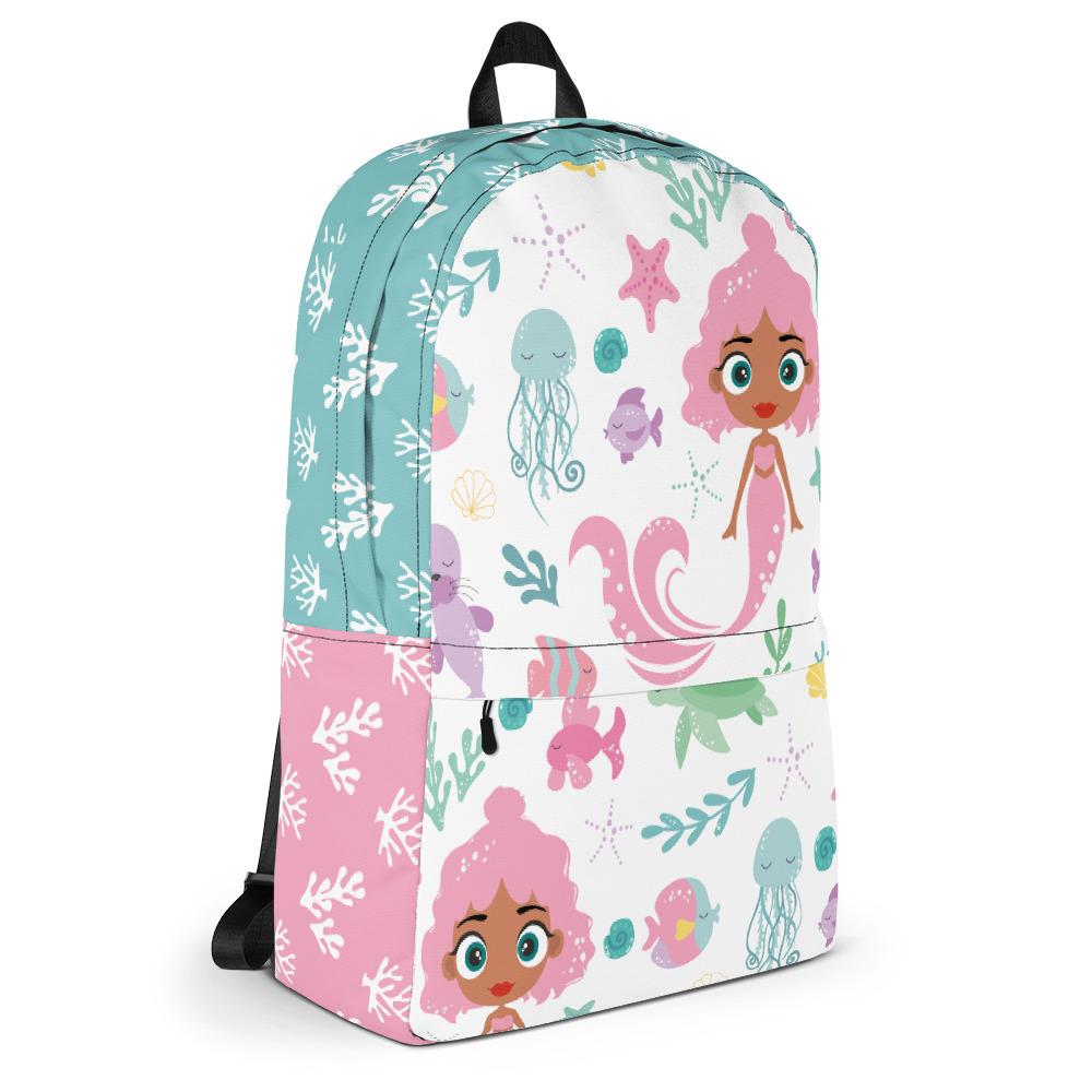 Kritter Mermaid Sea Youth Backpack featuring vibrant mermaid design, multiple pockets, and padded ergonomic straps, perfect for kids.