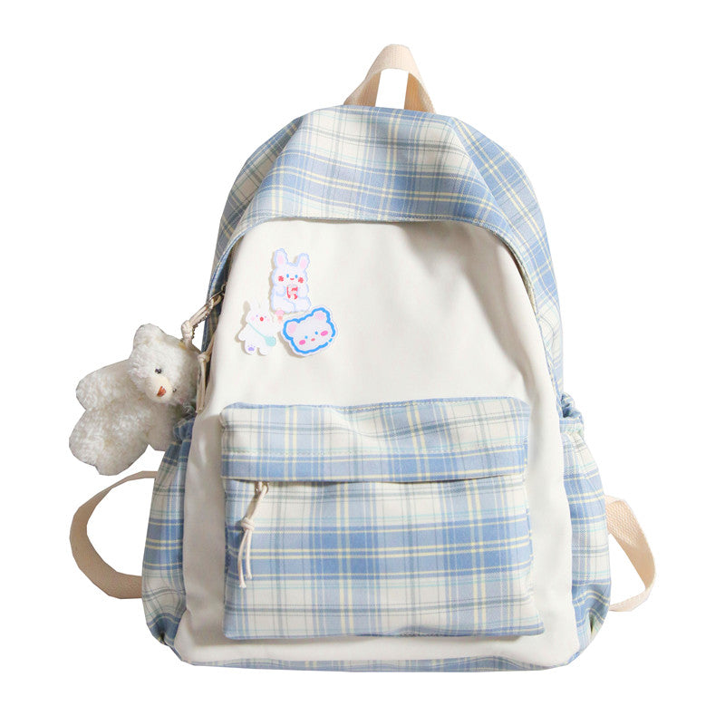 Ladies Large Capacity Plaid Backpack in stylish plaid design, made of durable nylon, perfect for daily use.