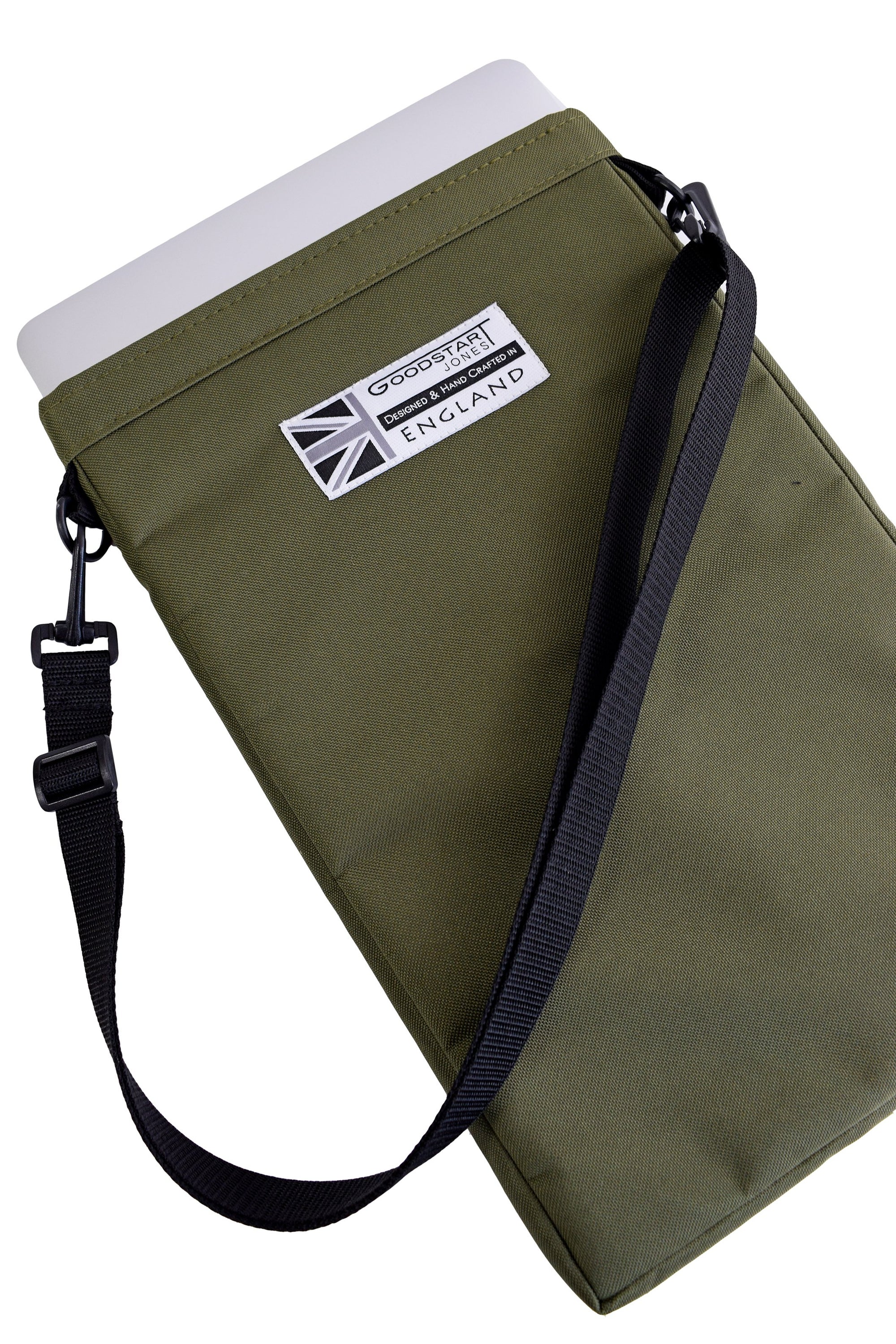 Olive Laptop Carry Case featuring a sleek design, padded interior, and multiple storage pockets for laptops and tablets.