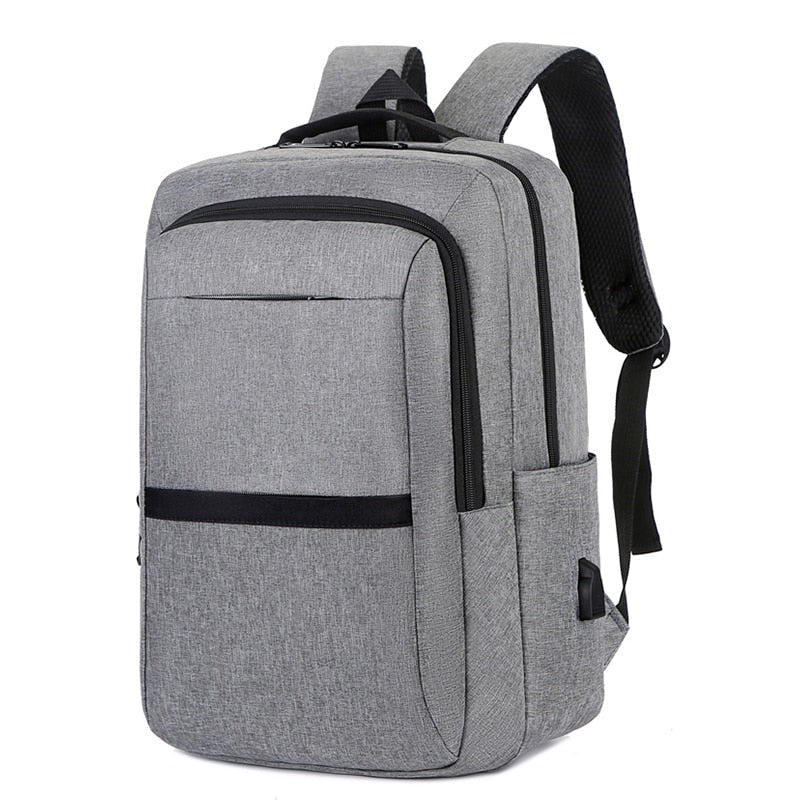 Large Capacity Men's Backpack with USB charging port, made from durable Oxford material, featuring multiple pockets and a rain cover.