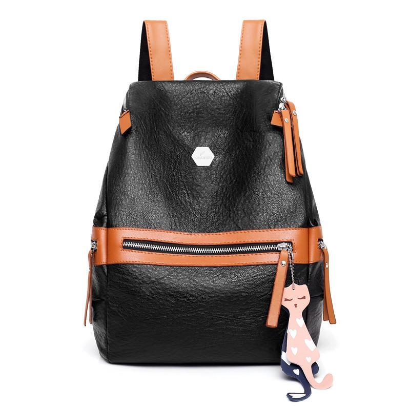 Large Capacity Soft PU Leather Travel Backpack in black with multiple compartments and stylish design.