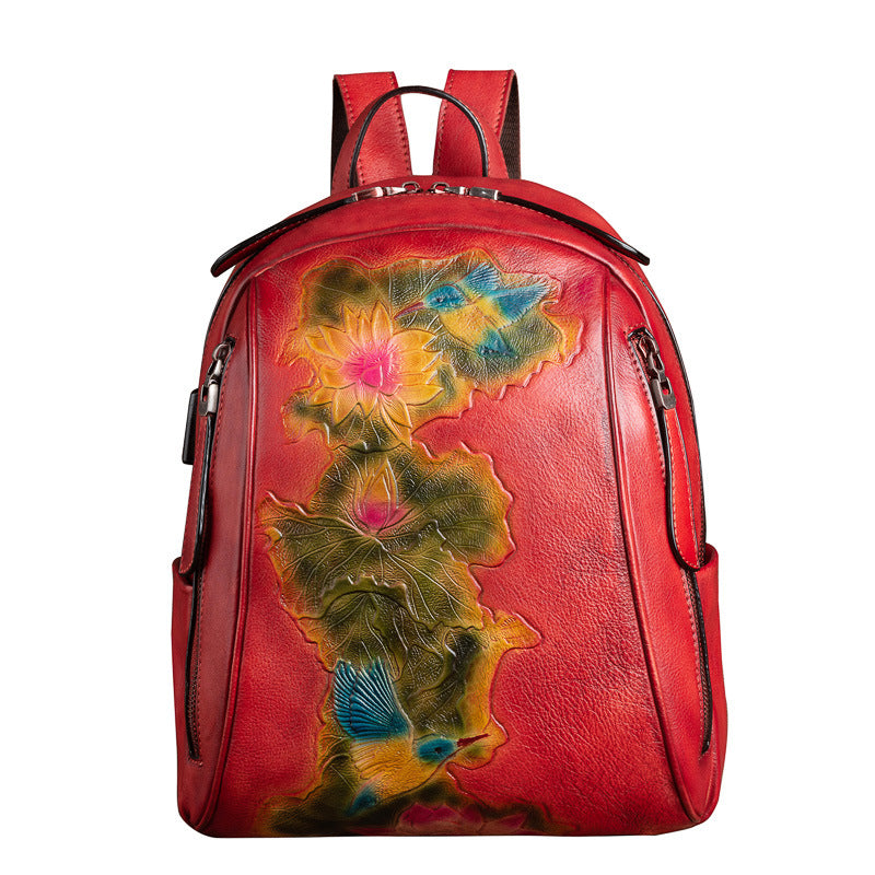 Large Capacity Three Dimensional Embossed Vintage Backpack made from premium cattle skin with floral design.