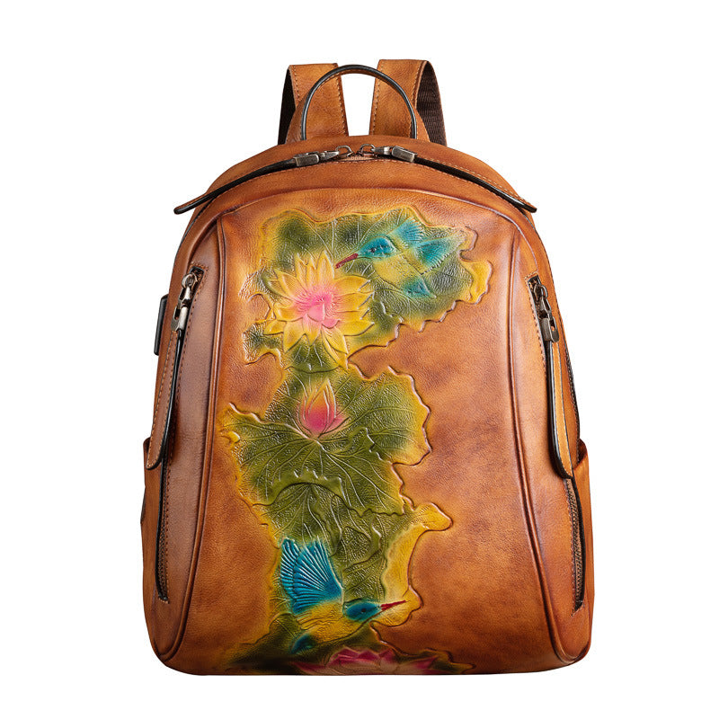 Large Capacity Three Dimensional Embossed Vintage Backpack made from premium cattle skin with floral design.