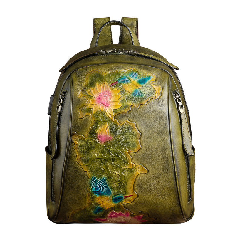 Large Capacity Three Dimensional Embossed Vintage Backpack made from premium cattle skin with floral design.