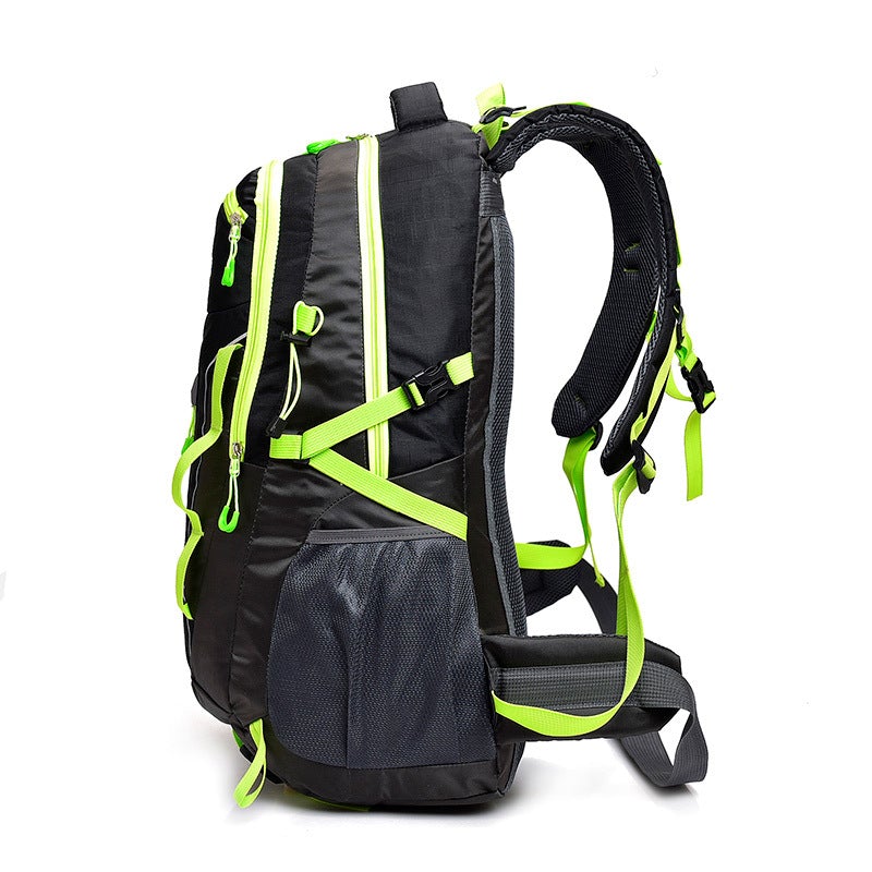 Large Capacity Waterproof Outdoor Hiking Travel Backpack in nylon material, featuring multiple compartments and a stylish letter pattern.