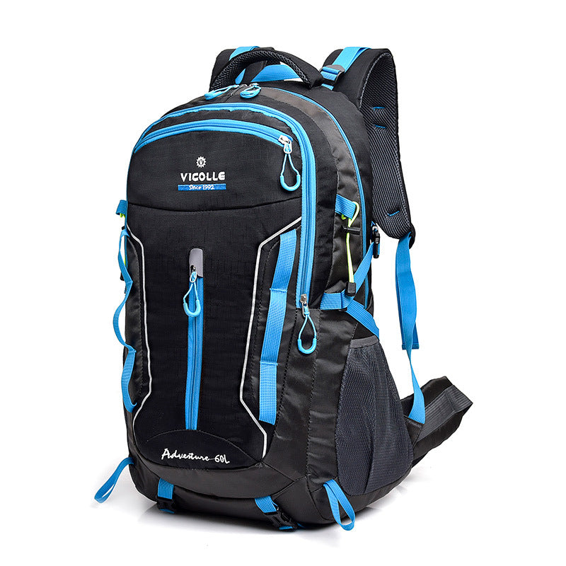 Large Capacity Waterproof Outdoor Hiking Travel Backpack in nylon material, featuring multiple compartments and a stylish letter pattern.