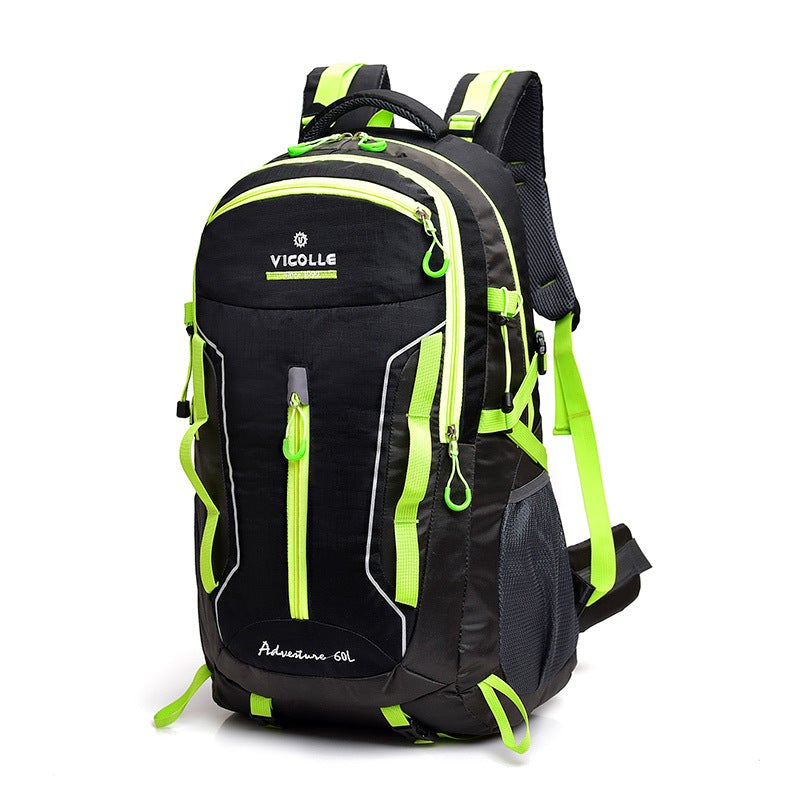 Large Capacity Waterproof Outdoor Hiking Travel Backpack in nylon material, featuring multiple compartments and a stylish letter pattern.