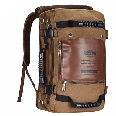 Large high quality canvas travel mountaineering backpack with multiple pockets and a comfortable three-strap system, ideal for outdoor adventures.