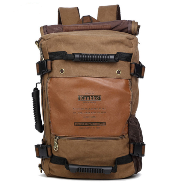 Large high quality canvas travel mountaineering backpack with multiple pockets and a comfortable three-strap system, ideal for outdoor adventures.