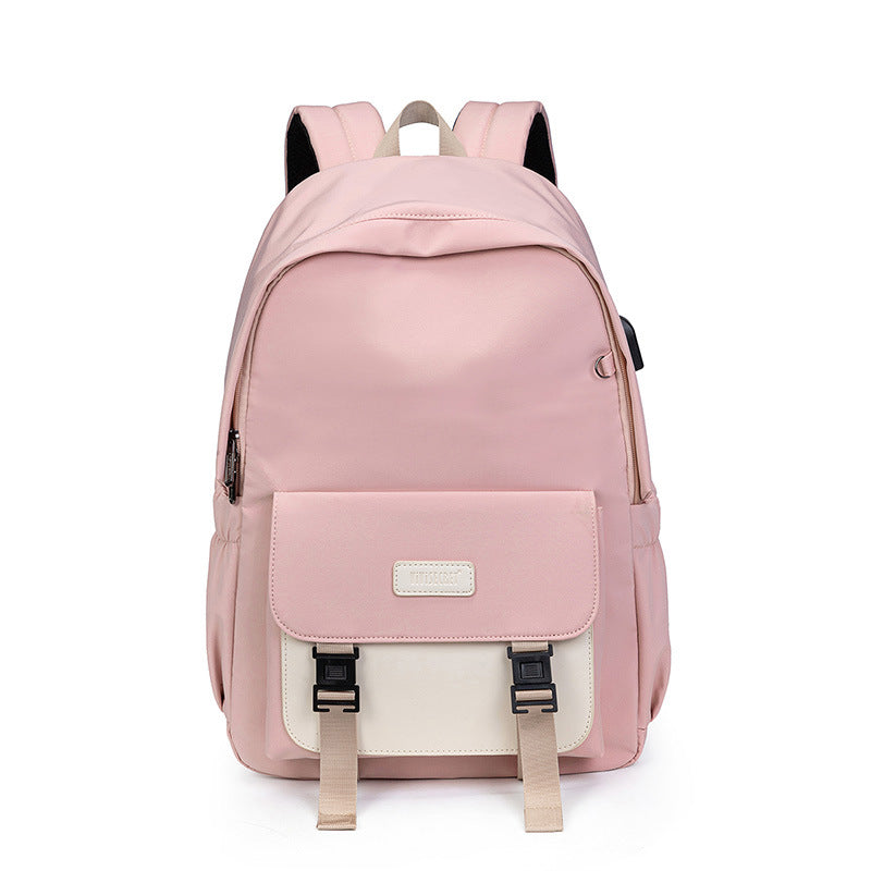 Large size fashion cute backpack for young ladies, made of durable nylon, featuring a plain pattern and spacious design.