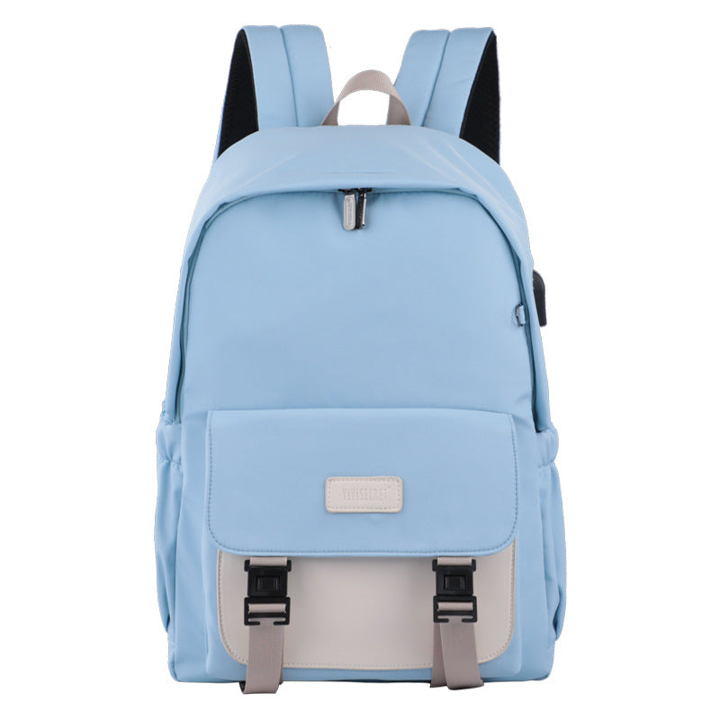 Large size fashion cute backpack for young ladies, made of durable nylon, featuring a plain pattern and spacious design.