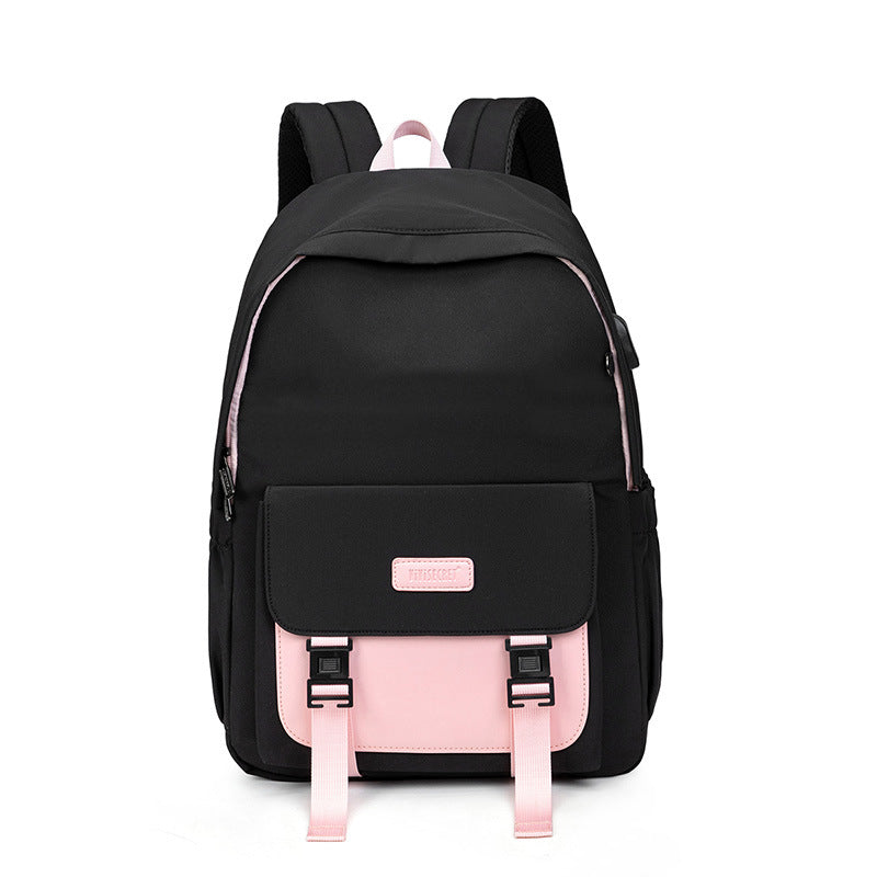 Large size fashion cute backpack for young ladies, made of durable nylon, featuring a plain pattern and spacious design.