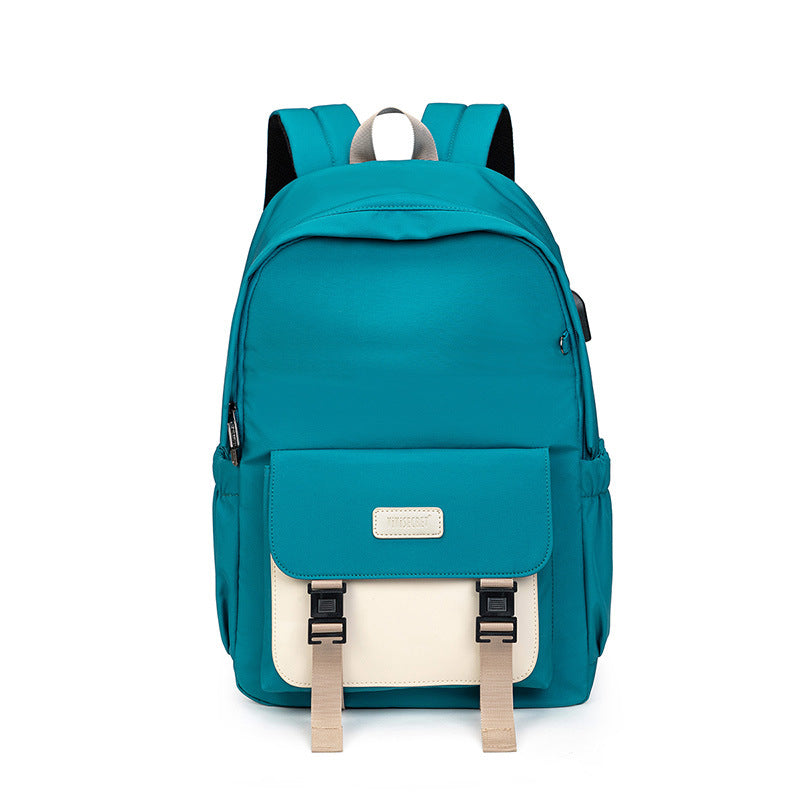 Large size fashion cute backpack for young ladies, made of durable nylon, featuring a plain pattern and spacious design.