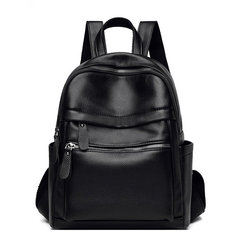 Large-capacity casual female fashionable backpack made of PU leather, featuring a stylish design with double root shoulder straps and multiple internal pockets.