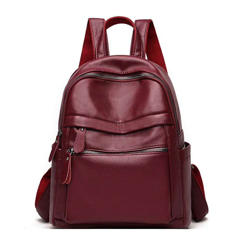 Large-capacity casual female fashionable backpack made of PU leather, featuring a stylish design with double root shoulder straps and multiple internal pockets.