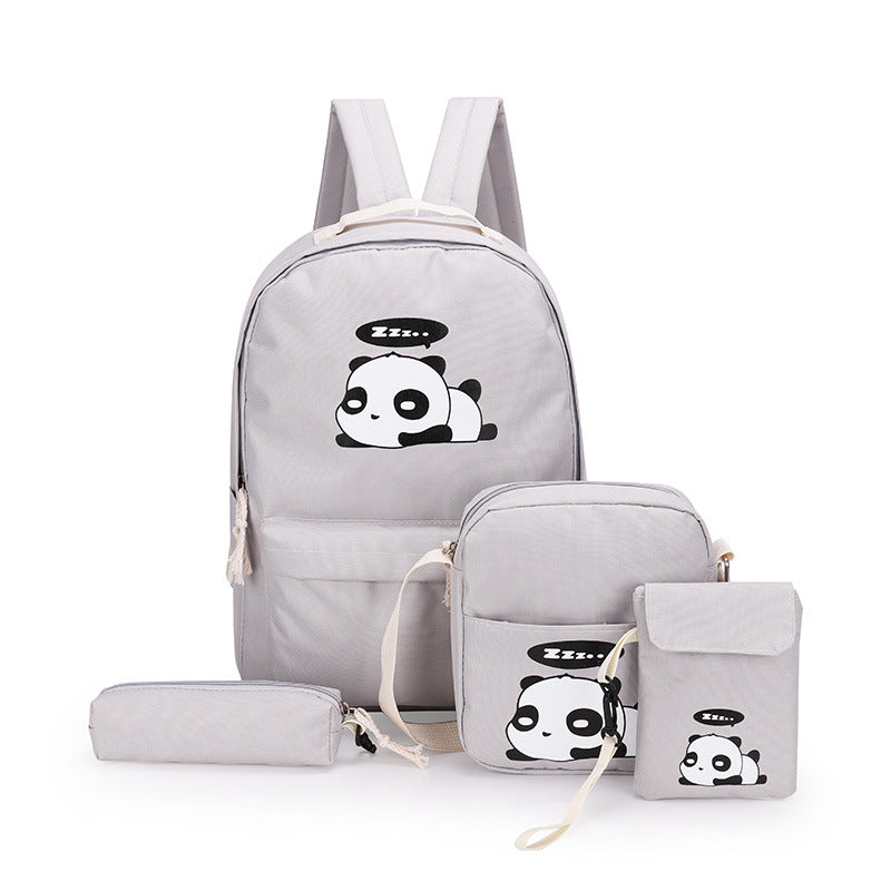 Large-capacity college style printed four-piece backpack set featuring animal print design and durable Oxford cloth material.