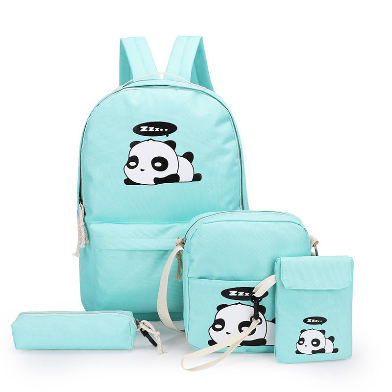 Large-capacity college style printed four-piece backpack set featuring animal print design and durable Oxford cloth material.