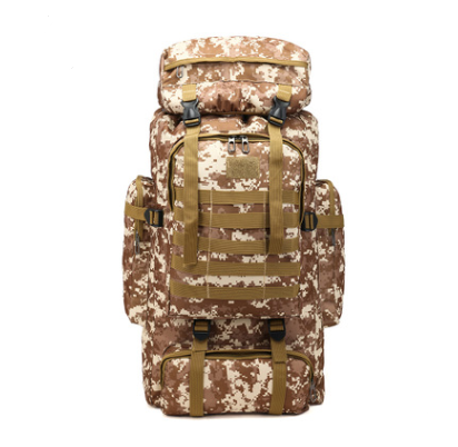 Large-capacity multifunctional canvas backpack in camouflage pattern, designed for hiking with air cushion straps and spacious interior.