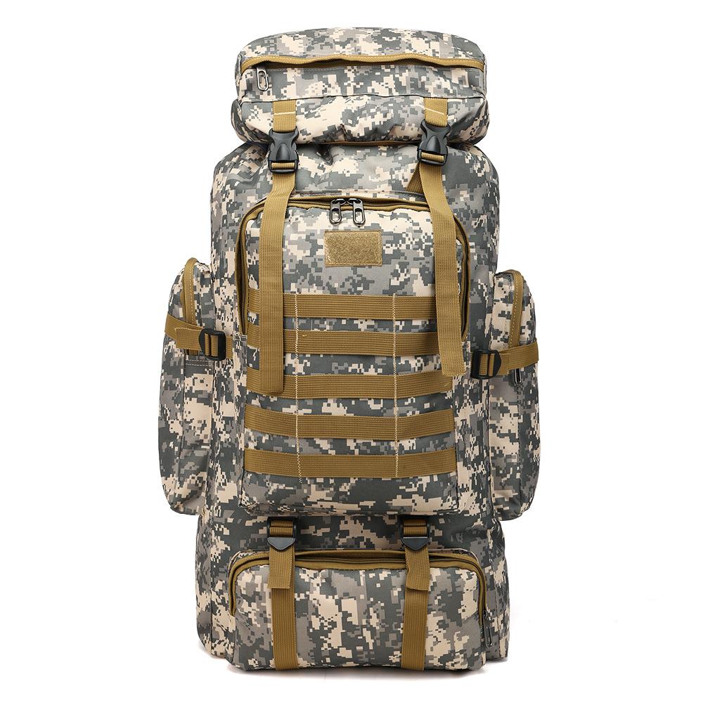 Large-capacity multifunctional canvas backpack in camouflage pattern, designed for hiking with air cushion straps and spacious interior.