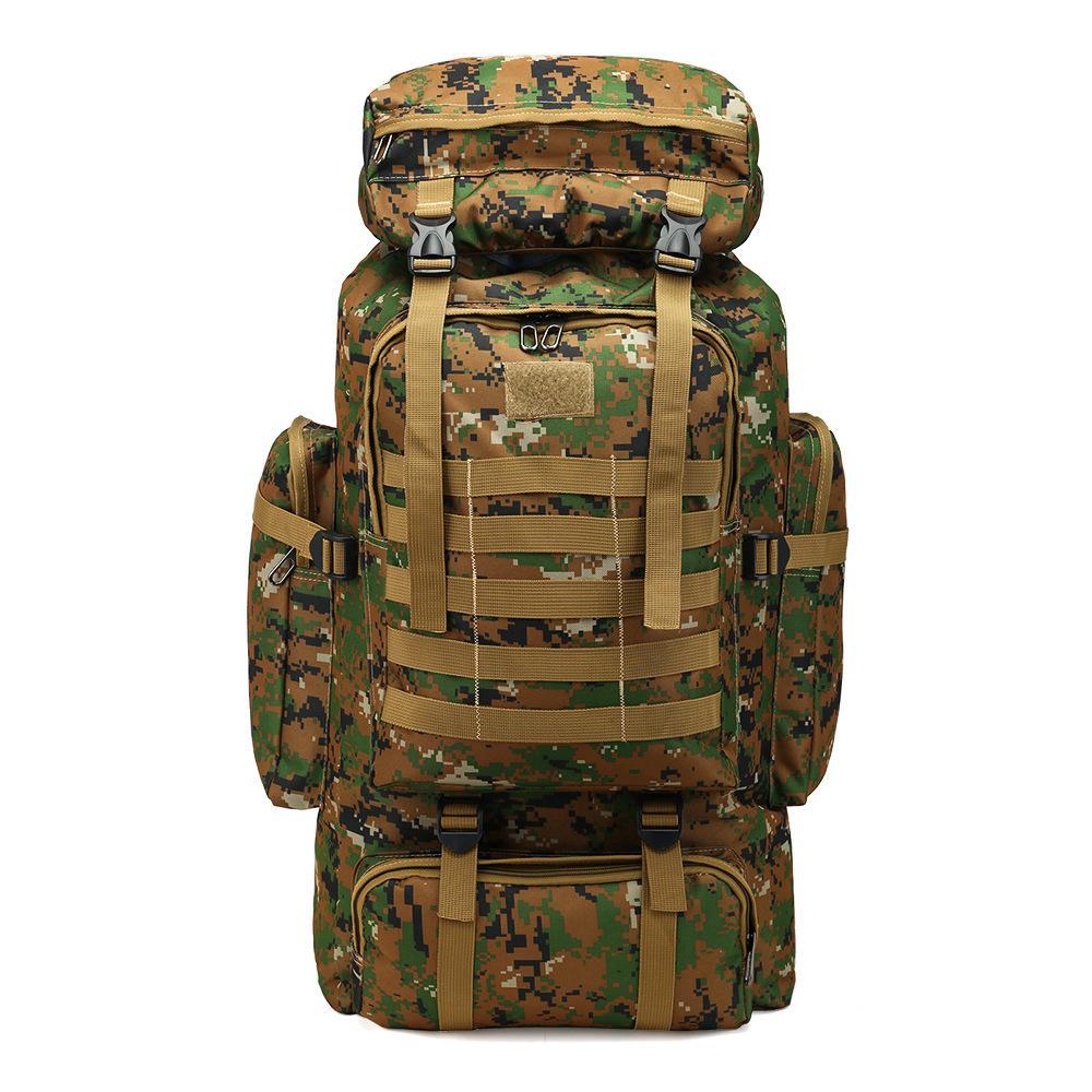 Large-capacity multifunctional canvas backpack in camouflage pattern, designed for hiking with air cushion straps and spacious interior.