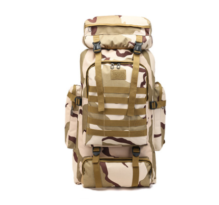 Large-capacity multifunctional canvas backpack in camouflage pattern, designed for hiking with air cushion straps and spacious interior.