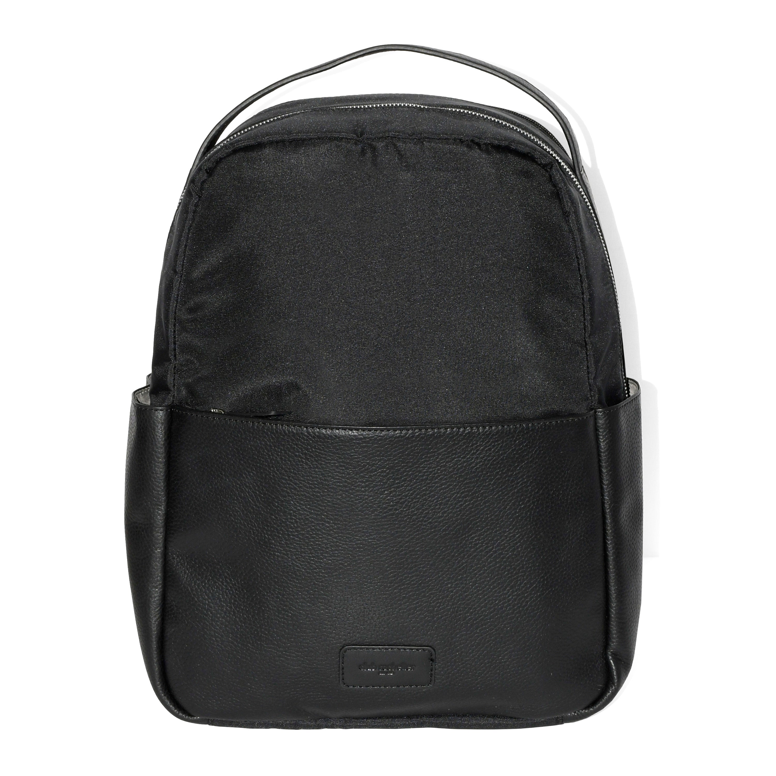 Leather Trim Double Entry Laptop Backpack featuring genuine leather, padded compartments, and travel buddy strap.