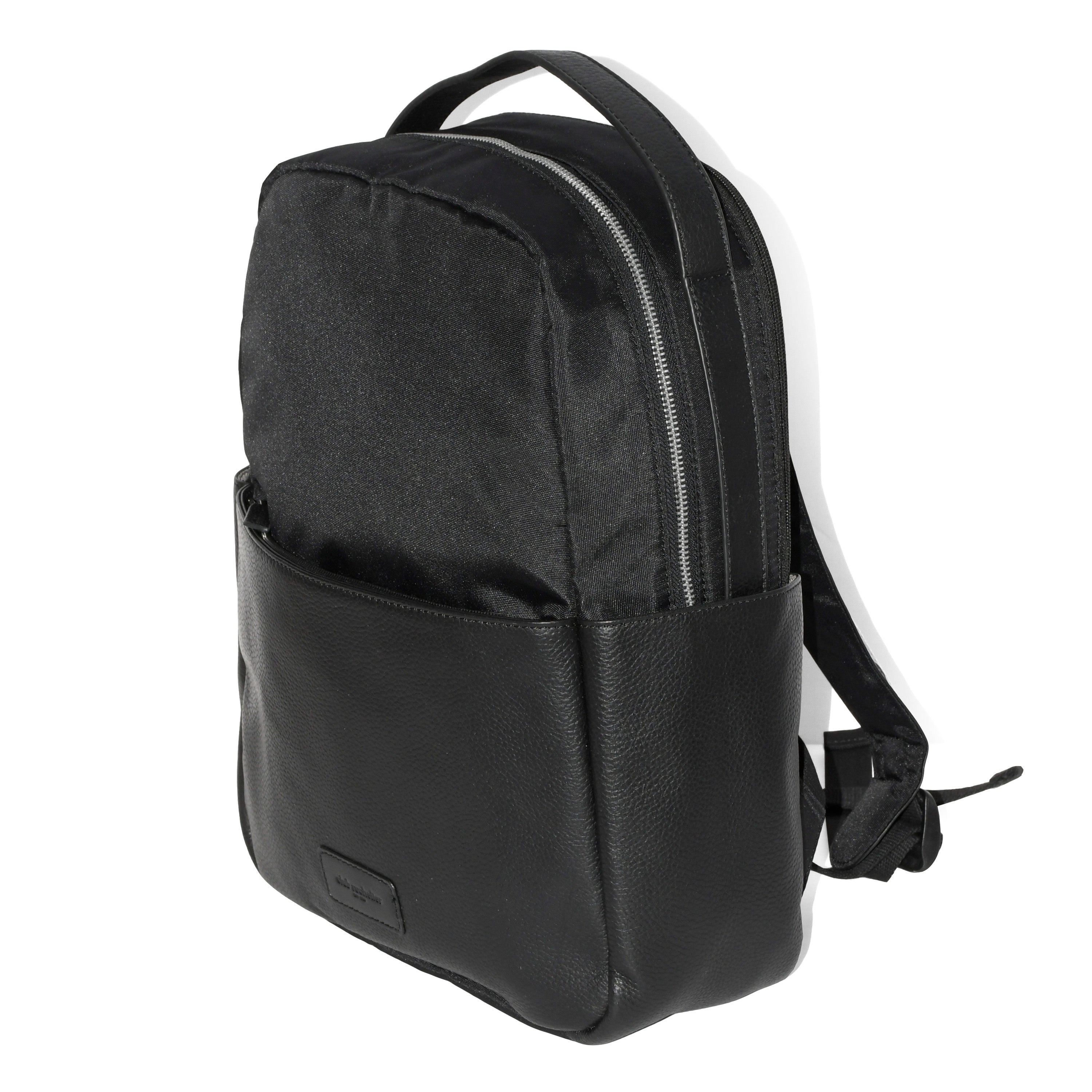 Leather Trim Double Entry Laptop Backpack featuring genuine leather, padded compartments, and travel buddy strap.