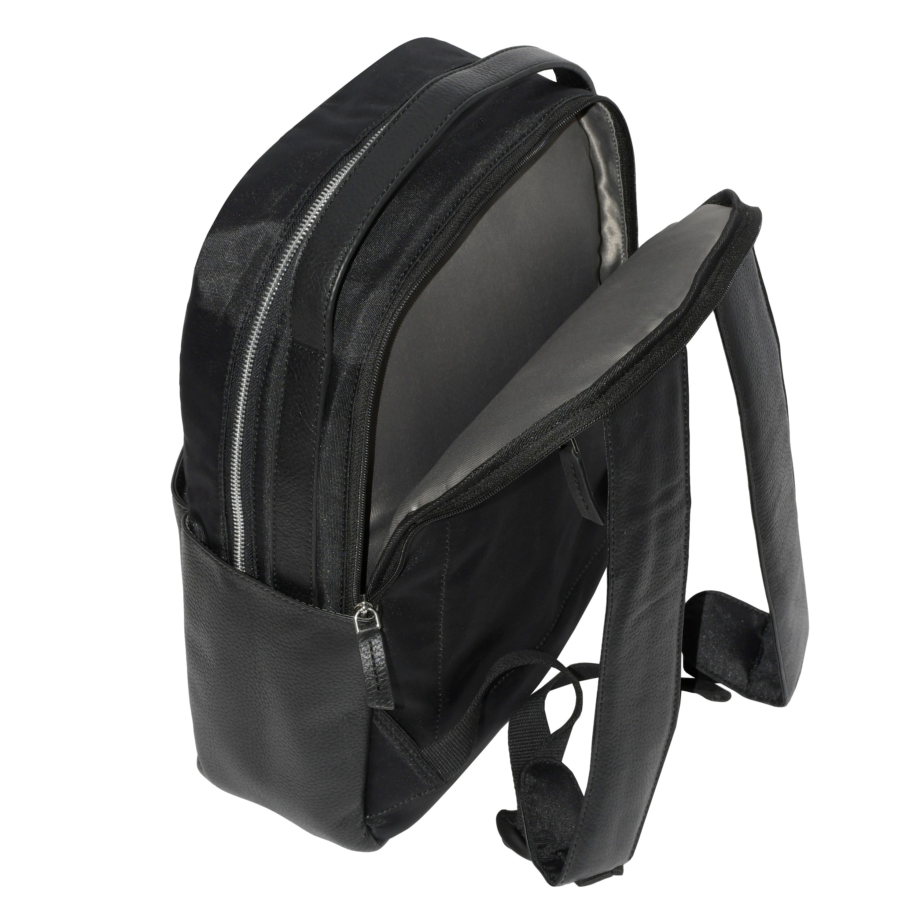 Leather Trim Double Entry Laptop Backpack featuring genuine leather, padded compartments, and travel buddy strap.