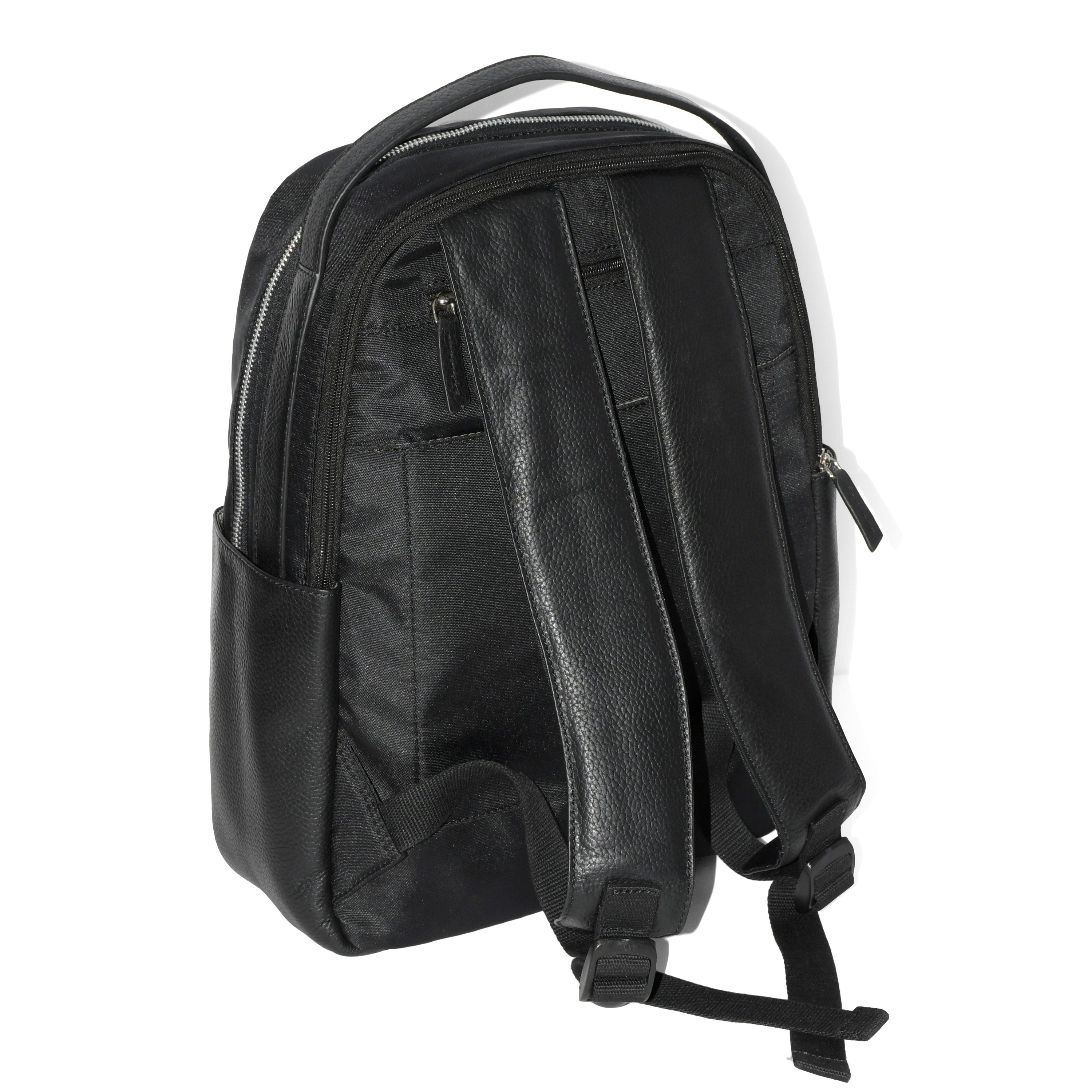 Leather Trim Double Entry Laptop Backpack featuring genuine leather, padded compartments, and travel buddy strap.