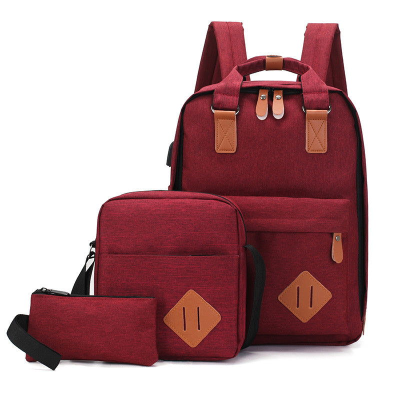 Leisure High Quality Three-Piece Backpack Set featuring a large backpack, shoulder bag, and clutch in stylish design.