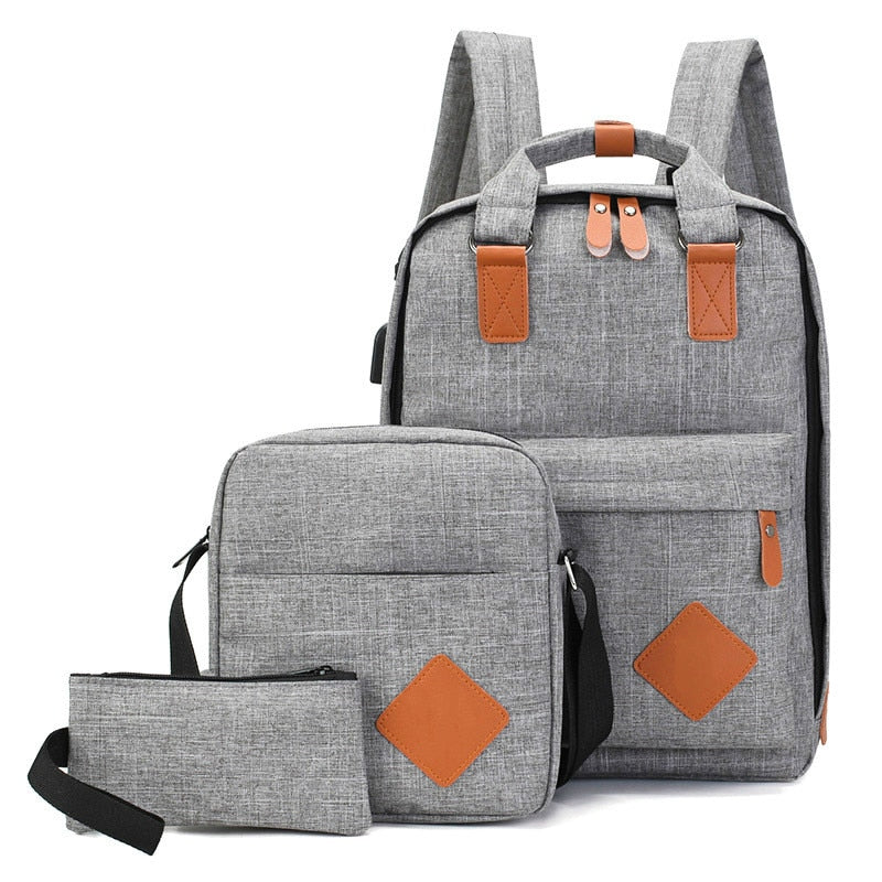 Leisure High Quality Three-Piece Backpack Set featuring a large backpack, shoulder bag, and clutch in stylish design.