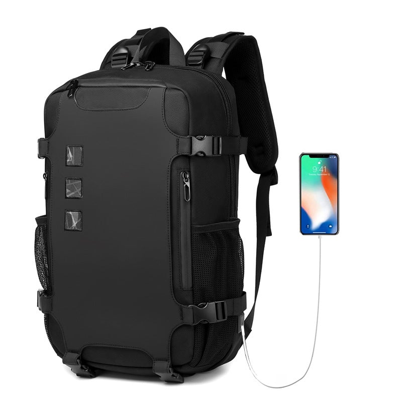 Leisure Sports Waterproof Computer Backpack in black, showcasing its durable Oxford cloth material and spacious design.