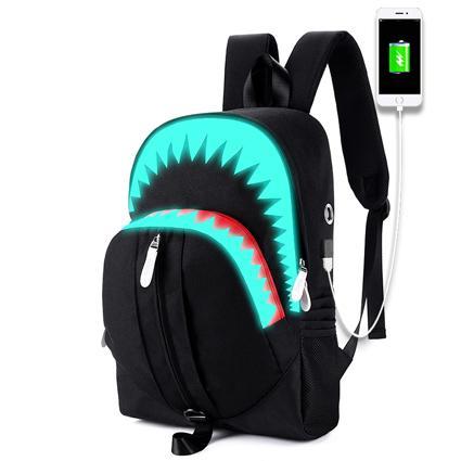 Luminous Shark USB Function Backpack in stylish design, showcasing multiple pockets and USB charging interface.