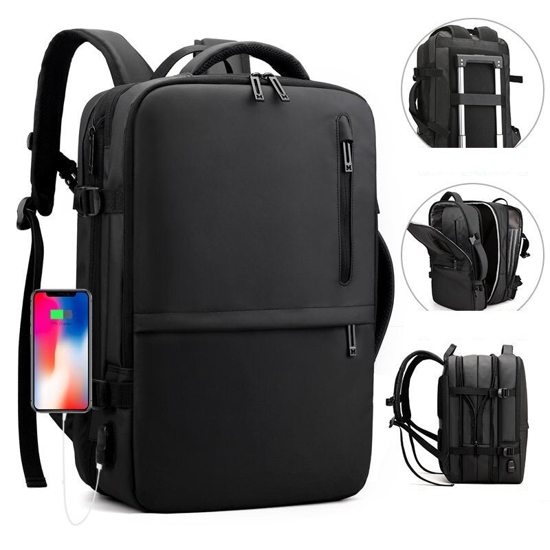 Man's Business Backpack made of high-quality nylon, featuring USB charging port and multiple compartments for organization.