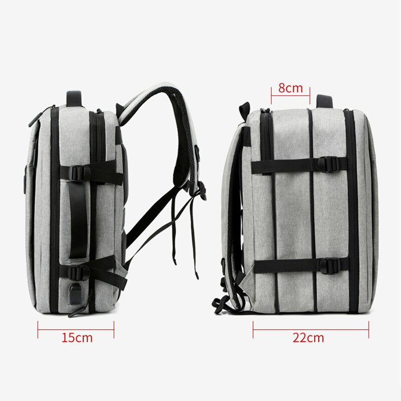 Men's multifunctional waterproof backpack with USB charging port, featuring multiple compartments and ergonomic design.