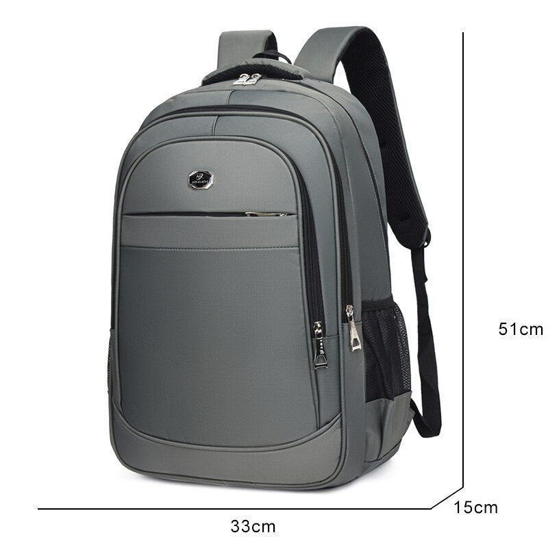 Men's multifunctional waterproof business backpack made of Oxford material, featuring multiple pockets and a stylish design.