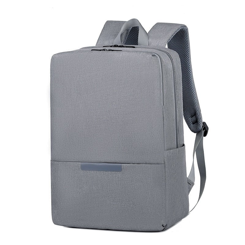 Men's waterproof nylon backpack with USB charging port and reflective stripe, featuring adjustable straps and multiple pockets.