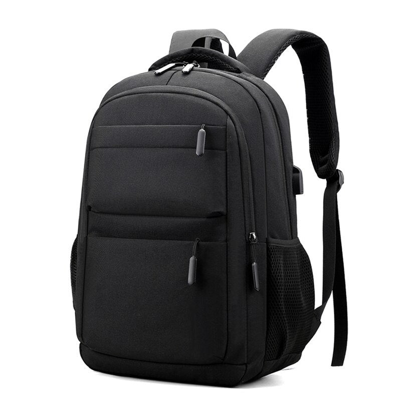 Men's multifunctional waterproof business backpack featuring USB charging port, made of durable nylon with multiple compartments.