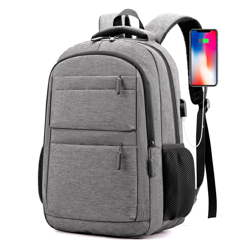 Men's multifunctional waterproof business backpack featuring USB charging port, made of durable nylon with multiple compartments.