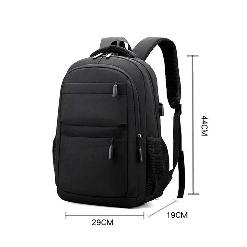 Men's multifunctional waterproof business backpack featuring USB charging port, made of durable nylon with multiple compartments.