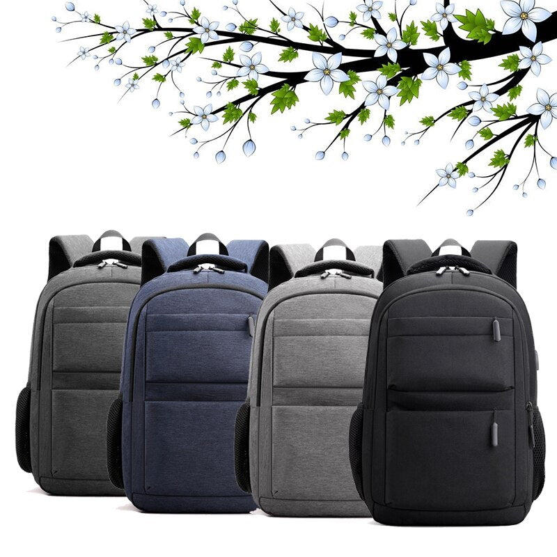 Men's multifunctional waterproof business backpack featuring USB charging port, made of durable nylon with multiple compartments.