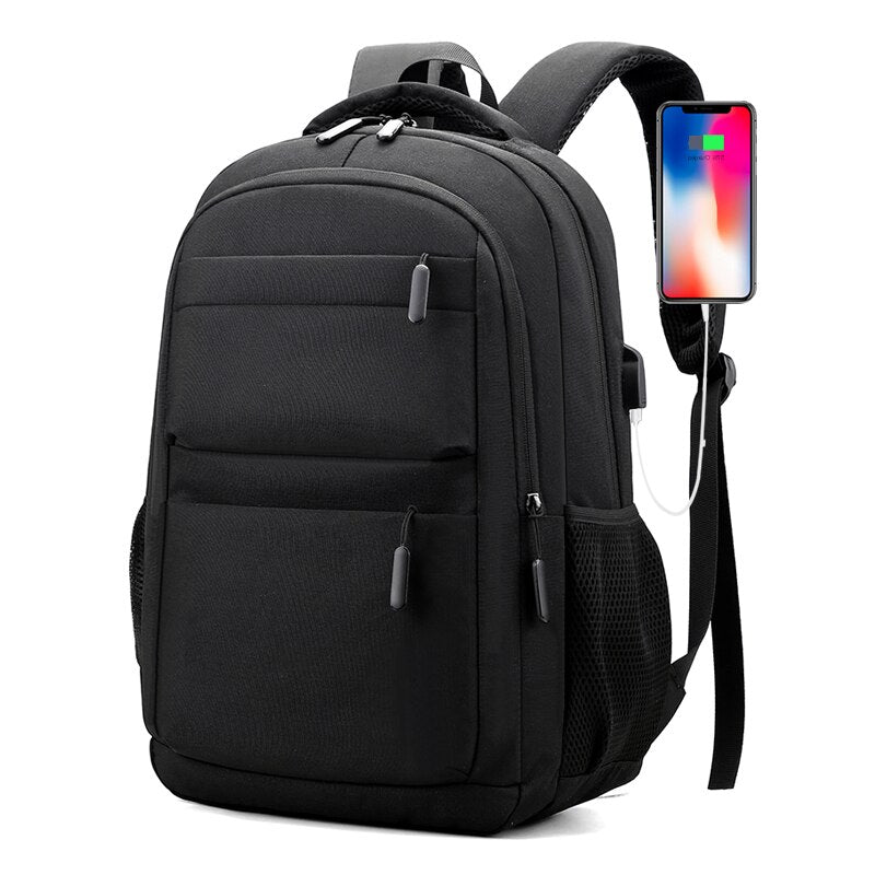 Men's multifunctional waterproof business backpack featuring USB charging port, made of durable nylon with multiple compartments.