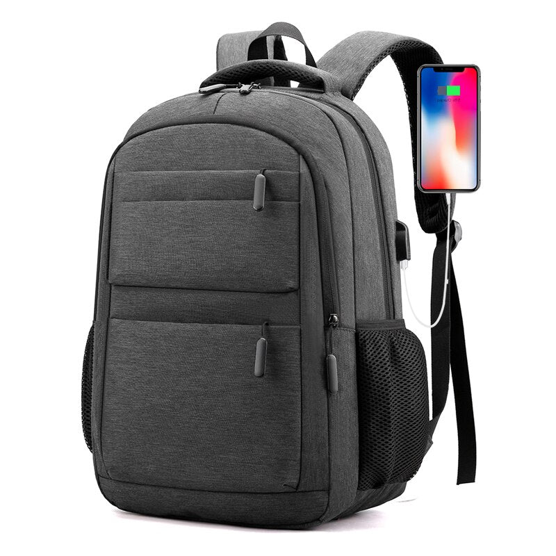 Men's multifunctional waterproof business backpack featuring USB charging port, made of durable nylon with multiple compartments.